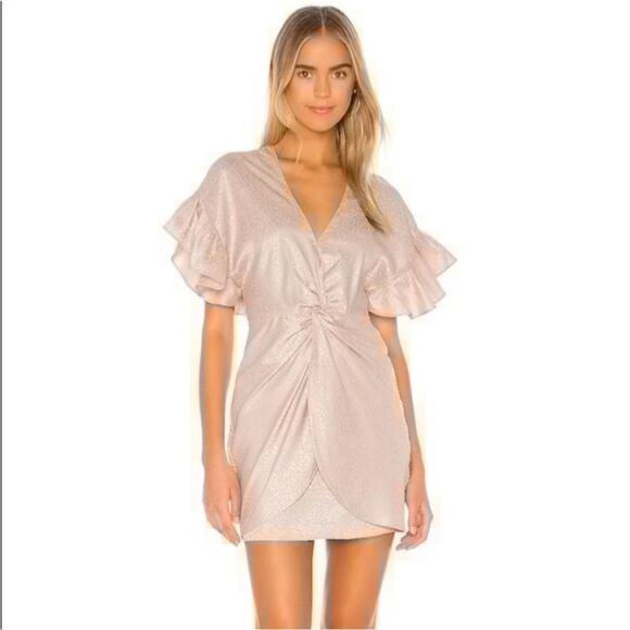 SAYLOR Dresses & Skirts - Saylor Brookey Jacquard Blush Pink Mini Ruffled Sleeves‎ Deep Dress V-Neck L NWT
